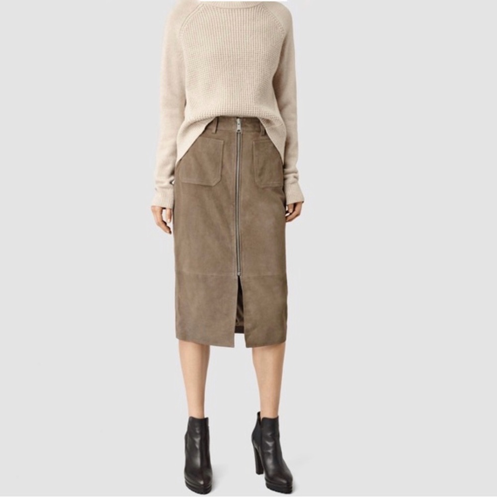 All Saints Arel brown tan suede silver front zipper zip up pockets midi skirt - Picture 3 of 16